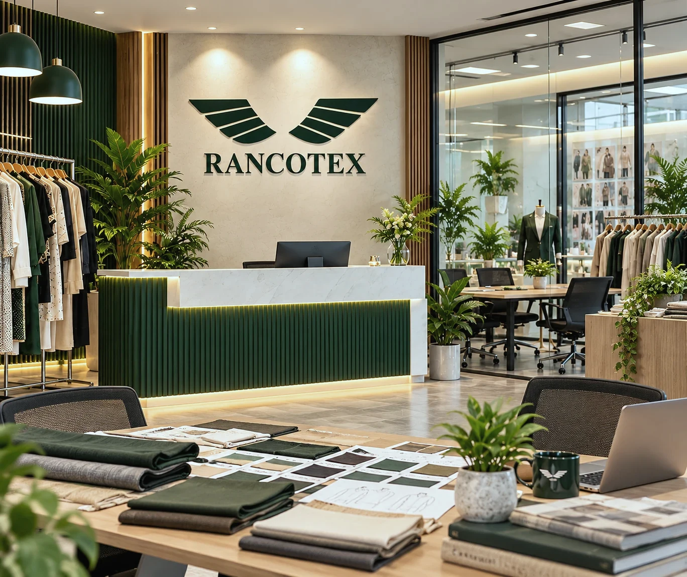 Illustrative unoccupied RANCOTEX apparel sourcing office and showroom with garment racks and textile samples