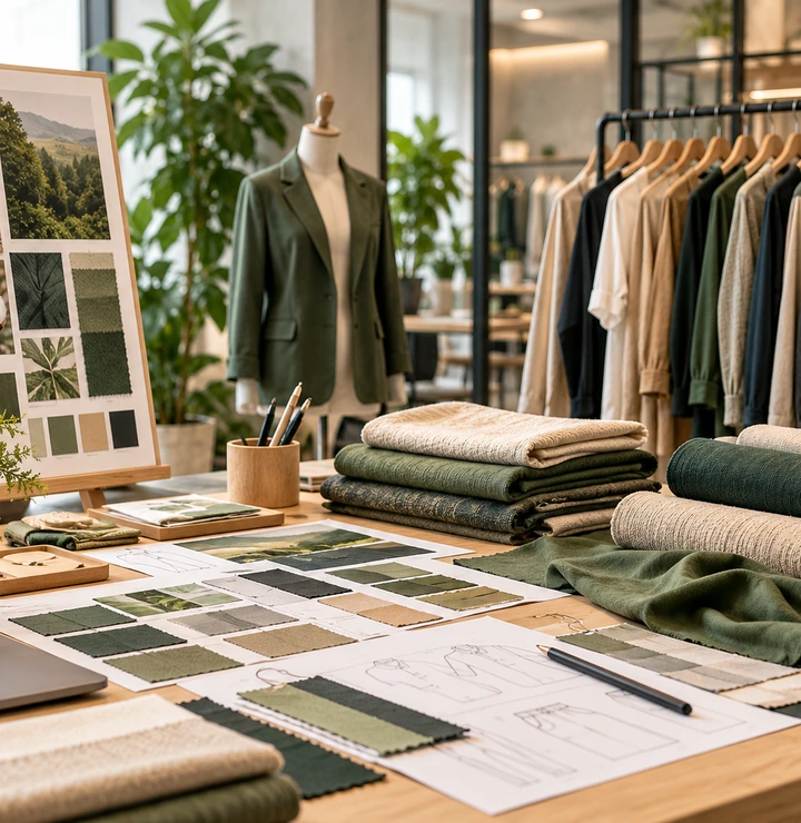 Environmentally conscious textile material samples and garments in a daylight fashion studio