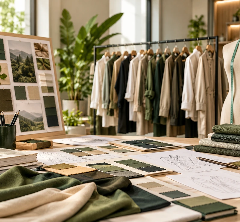 A garment development workspace with fabric swatches, sketches, materials and clothing displays